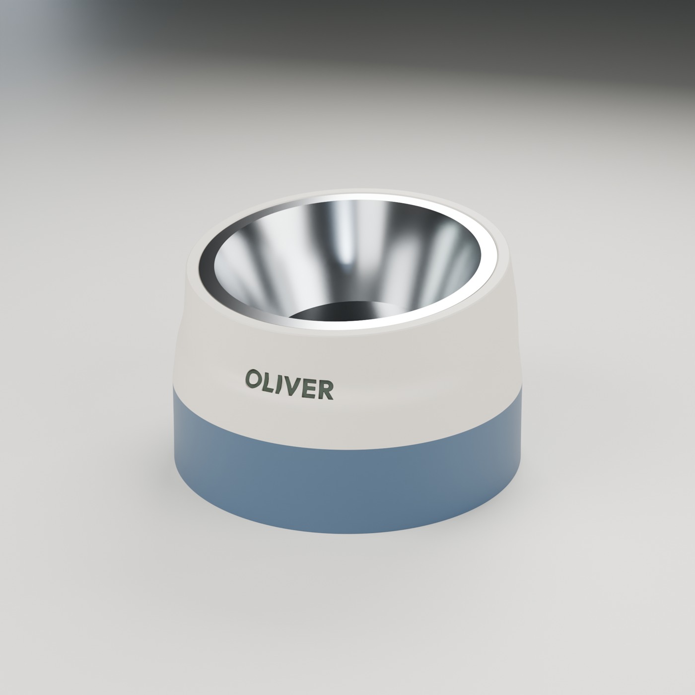 Tilted raised bowl stand with the name OLIVER